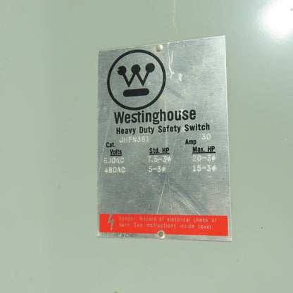 Westinghouse JHFN361 600VAC 3-Pole Fusible Safety Disconnect Switch 30A