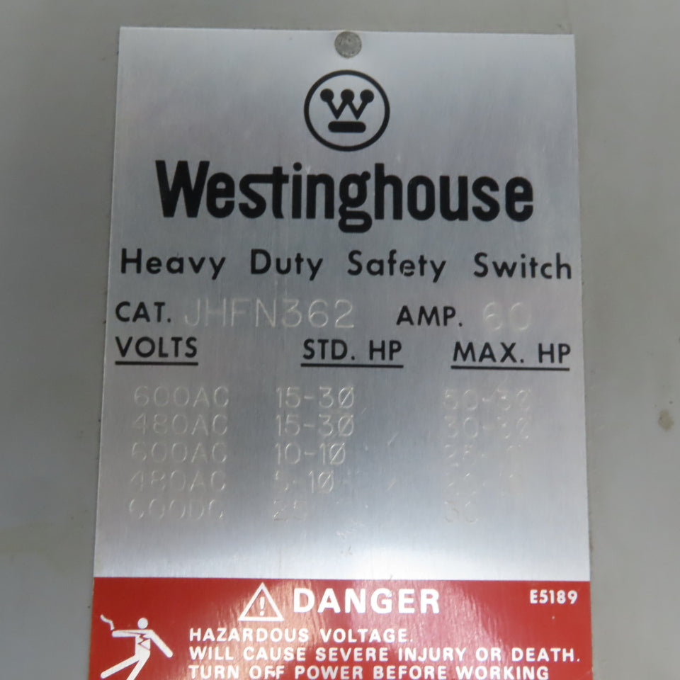 Westinghouse JHFN362 60A 3 Pole 600V Fused Safety Disconnect Switch Type 12