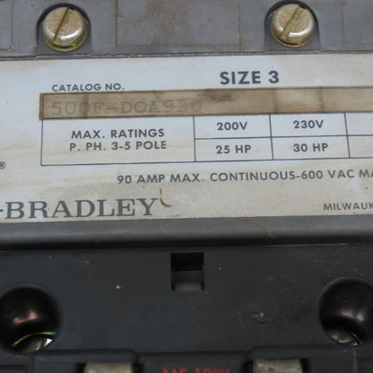 Allen Bradley 500F-DOA930 Size 3 Motor Starter 600V 50Hp Max 115/120V Coil