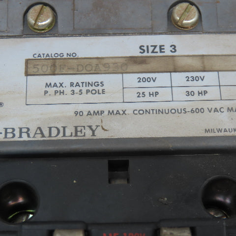 Allen Bradley 500F-DOA930 Size 3 Motor Starter 600V 50Hp Max 115/120V Coil