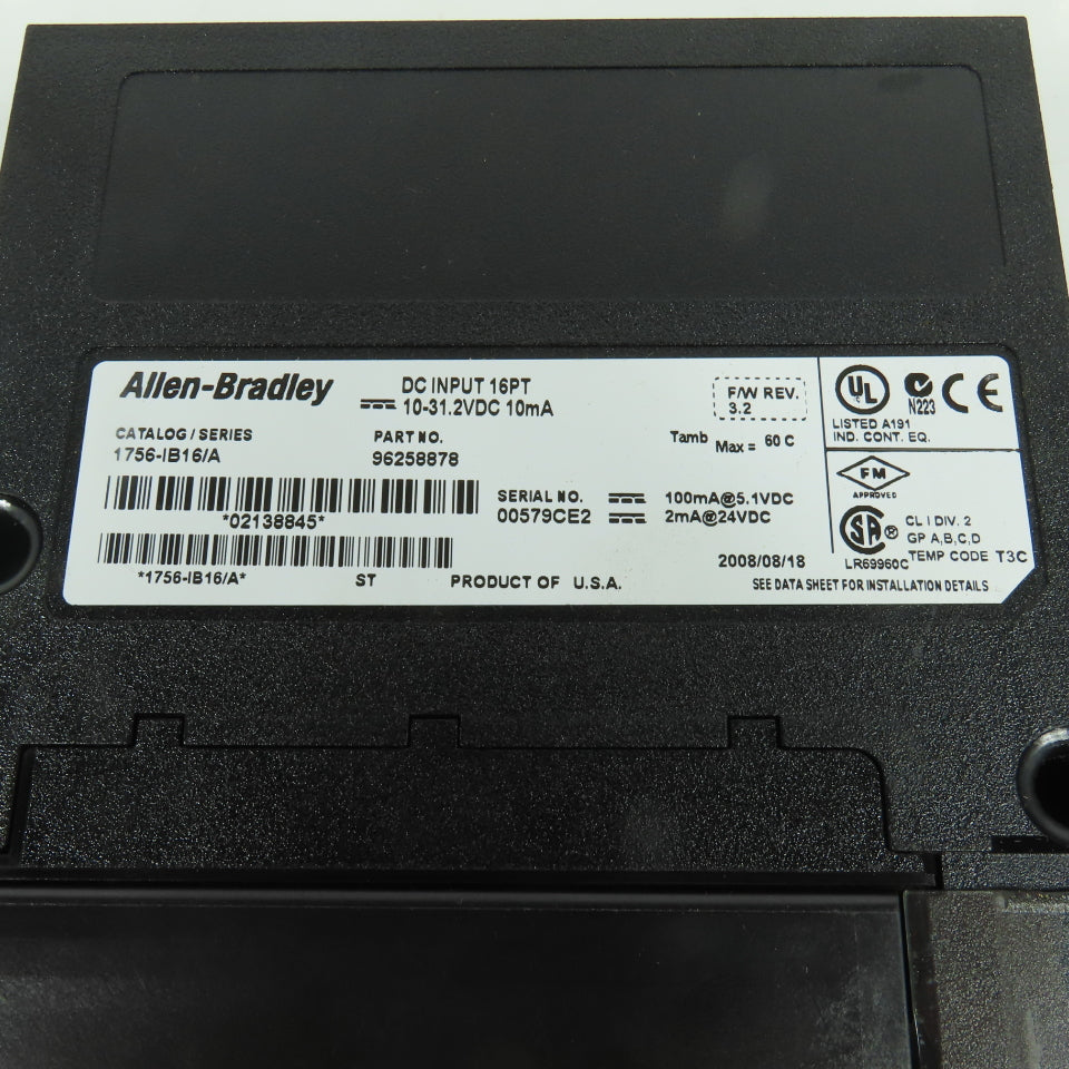 Allen Bradley 1756-IB16 Ser A 16 Point DC Input 10-31.2VDC F/W Rev 3.2
