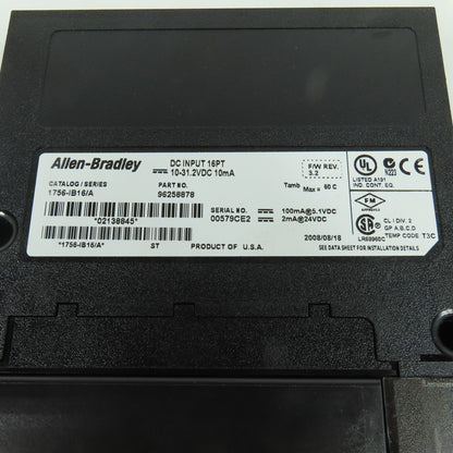 Allen Bradley 1756-IB16 Ser A 16 Point DC Input 10-31.2VDC F/W Rev 3.2