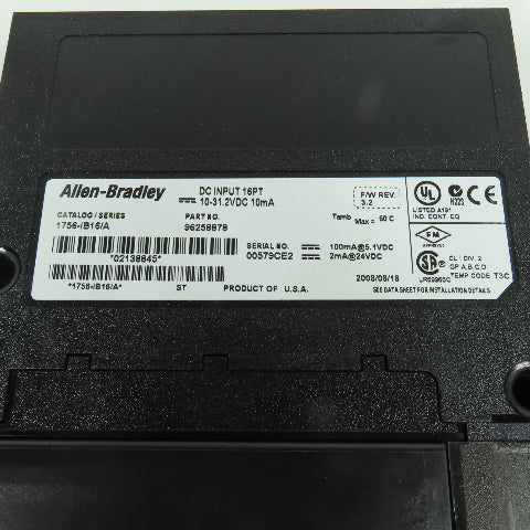 Allen Bradley 1756-IB16 Ser A 16 Point DC Input 10-31.2VDC F/W Rev 3.2