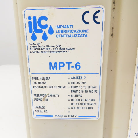 ILC MPT-6 220-480V 50/60Hz Lubrication Pump Nylon Tank 6 Liter 500cc/min