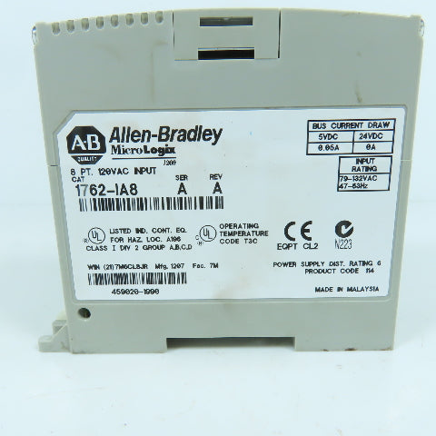 Allen Bradley 1762-IA8 Ser A Rev A MicroLogix 8 Point 120VAC Input Module
