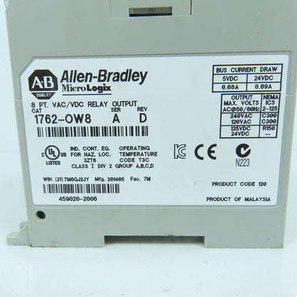 Allen Bradley 1762-OW8 Ser A Rev D MicroLogix 8 PT. VAC/VDC Relay Output Module