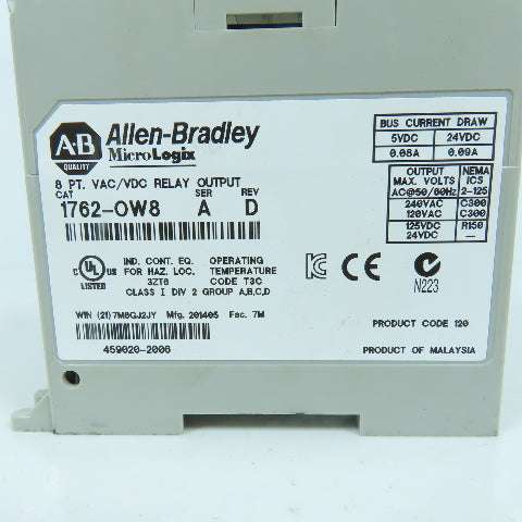 Allen Bradley 1762-OW8 Ser A Rev D MicroLogix 8 PT. VAC/VDC Relay Output Module