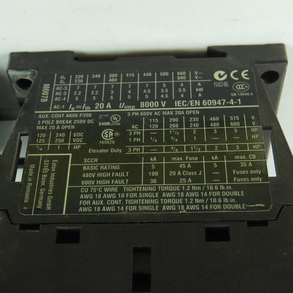 Eaton XTCE007B10 XTOB006BC1 600VAC Contactor 120V Coil 4-6A Trip Overload