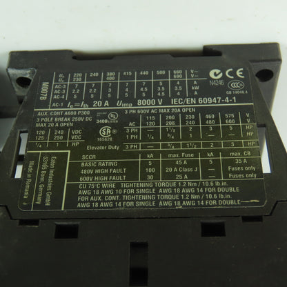 Eaton XTCE007B10 XTOB006BC1 600VAC Contactor 120V Coil 4-6A Trip Overload