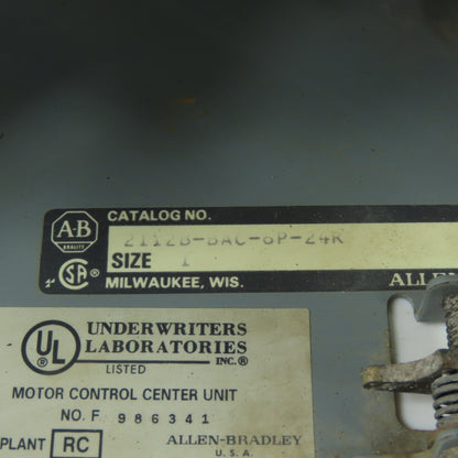 Allen Bradley 2112B-BAC-6P-24R Size 1 Motor Starter Bucket 10Hp 480V 3Ph 3 Pole