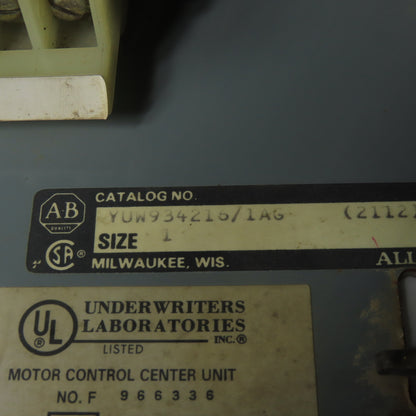 Allen Bradley YUW934216/1AG Size 1 Mcc Motor Starter Bucket 10Hp 480V 3ph 3 Pole
