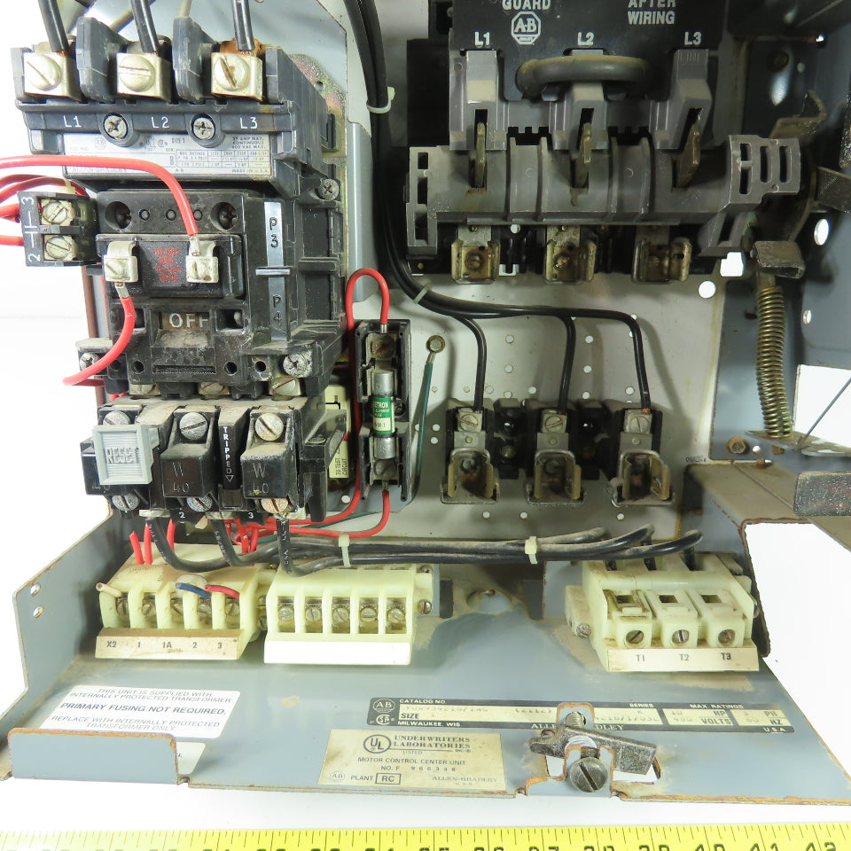 Allen Bradley YUW934216/1AG Size 1 Mcc Motor Starter Bucket 10Hp 480V 3ph 3 Pole