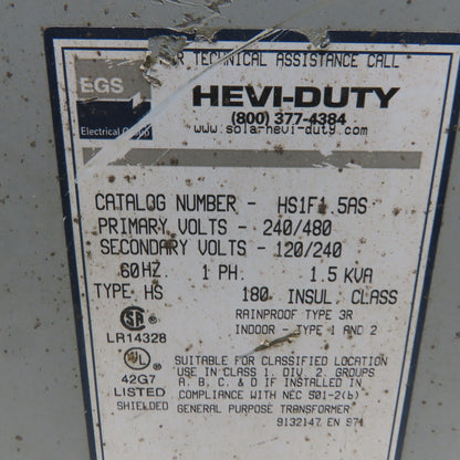 EGS Hevi-Duty HS1F1.5AS Transformer 1.5KVA 240/480V Pri 120/240V 1Ph Secondary