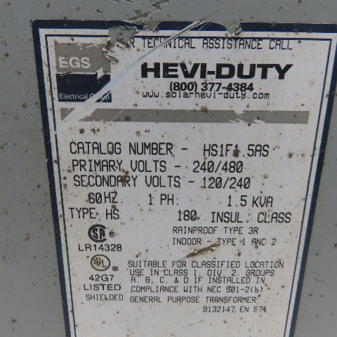 EGS Hevi-Duty HS1F1.5AS Transformer 1.5KVA 240/480V Pri 120/240V 1Ph Secondary