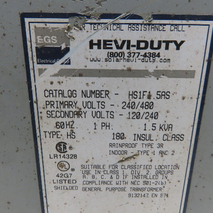 EGS Hevi-Duty HS1F1.5AS Transformer 1.5KVA 240/480V Pri 120/240V 1Ph Secondary