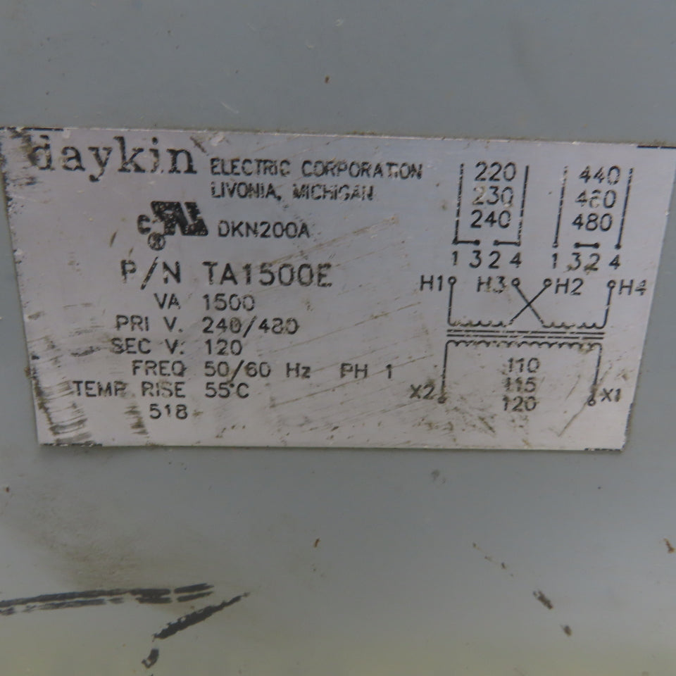 Daykin TA1500E Transformer 1500VA 220/480V Primary 110/120V 1Ph Secondary