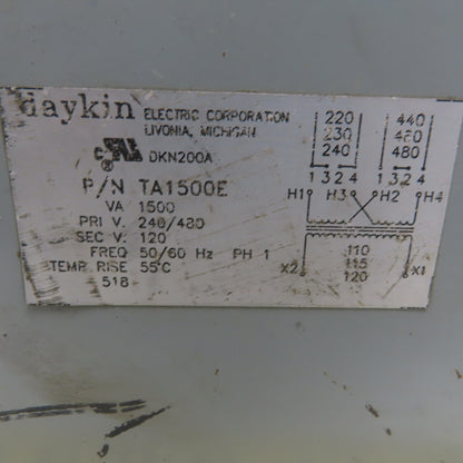 Daykin TA1500E Transformer 1500VA 220/480V Primary 110/120V 1Ph Secondary