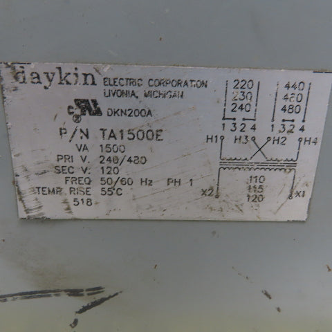 Daykin TA1500E Transformer 1500VA 220/480V Primary 110/120V 1Ph Secondary