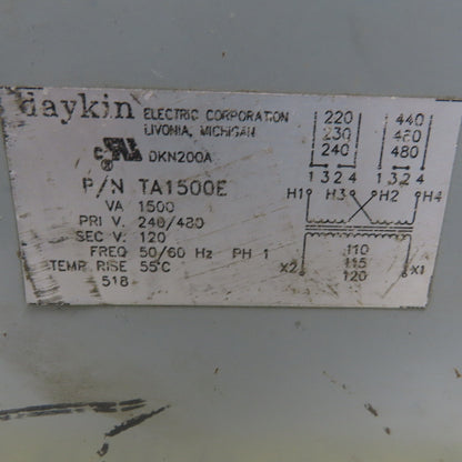 Daykin TA1500E Transformer 1500VA 220/480V Primary 110/120V 1Ph Secondary