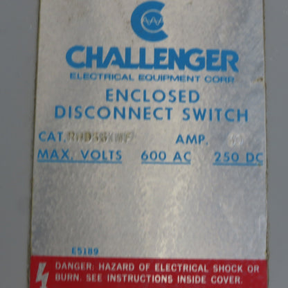 Challenger RHD661NF 30A 600V 240VDC 6 Pole Non Fusible Disconnect Switch