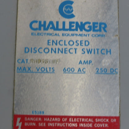 Challenger RHD661NF 30A 600V 240VDC 6 Pole Non Fusible Disconnect Switch