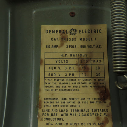General Electric TH3362 Model 1 60A 600V 3P Fusible Safety Disconnect Switch