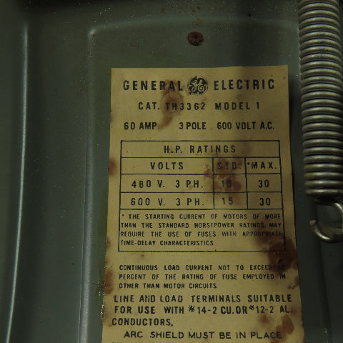 General Electric TH3362 Model 1 60A 600V 3P Fusible Safety Disconnect Switch