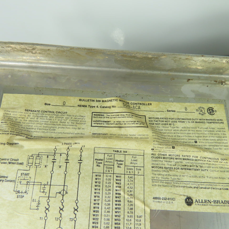 Allen Bradley 509-ACA Size 0 Non-Reversing Motor Starter Ser B 240V