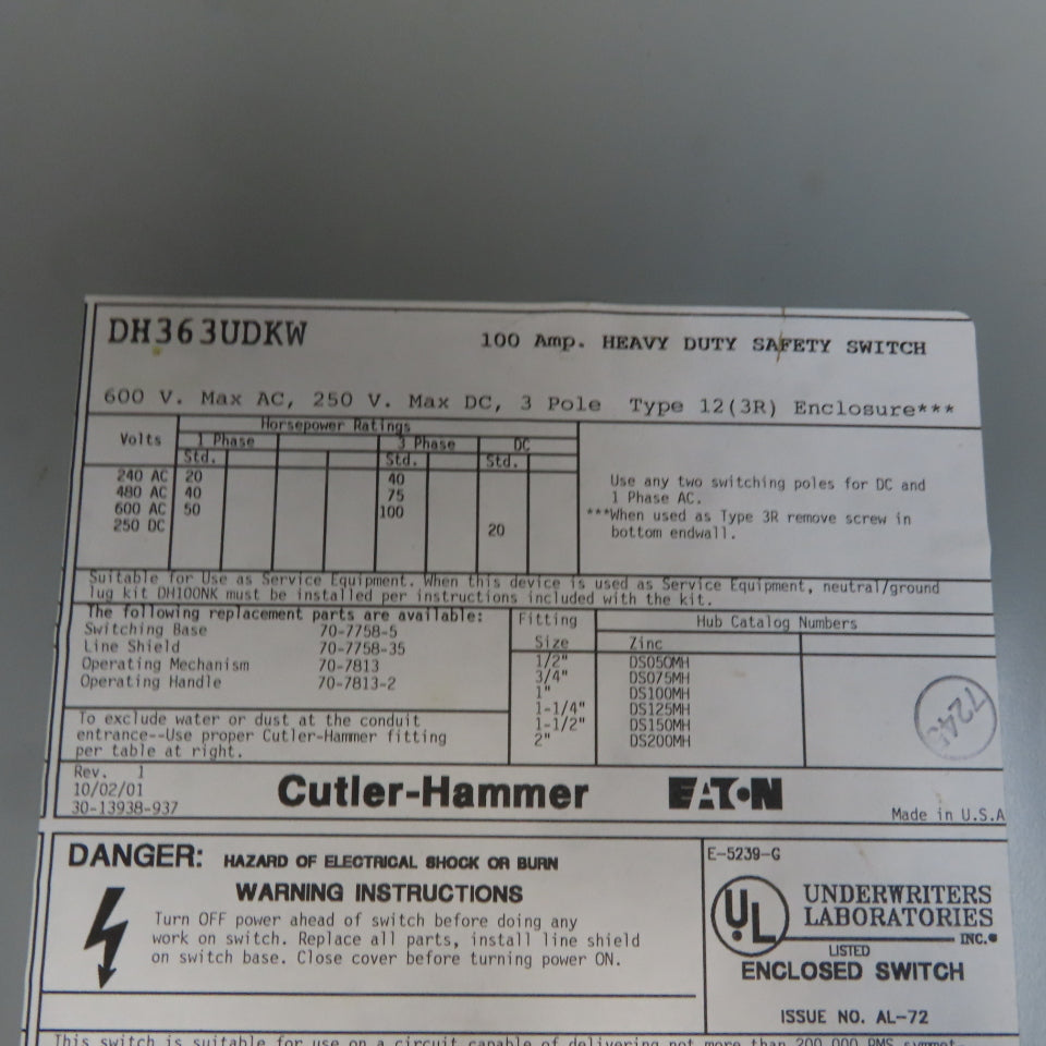 Cutler Hammer DH363UKW 100A 600V 240VDC 3 Pole Non Fusible Disconnect Switch