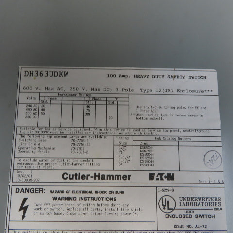 Cutler Hammer DH363UKW 100A 600V 240VDC 3 Pole Non Fusible Disconnect Switch