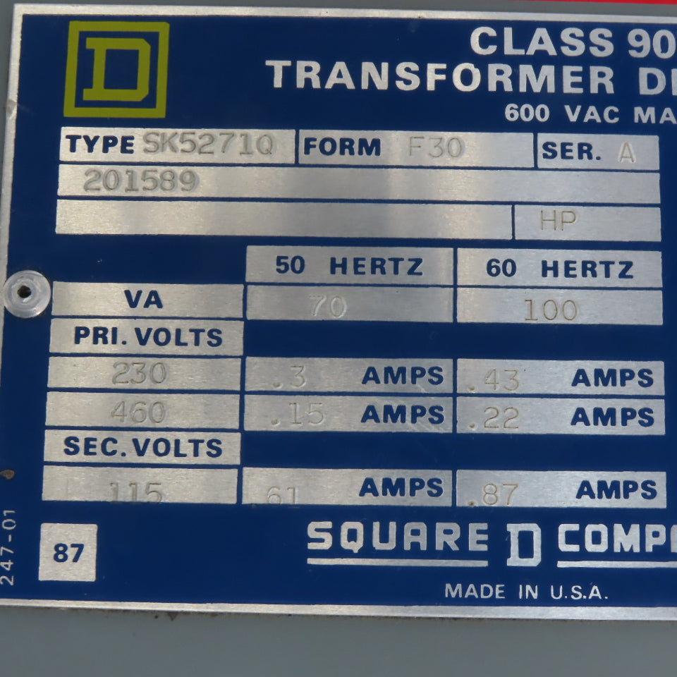 Square D SK5271Q Form F30 Ser A Transformer Disconnect 230/460V Pri 115V Sec.