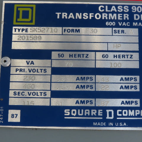 Square D SK5271Q Form F30 Ser A Transformer Disconnect 230/460V Pri 115V Sec.