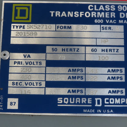 Square D SK5271Q Form F30 Ser A Transformer Disconnect 230/460V Pri 115V Sec.