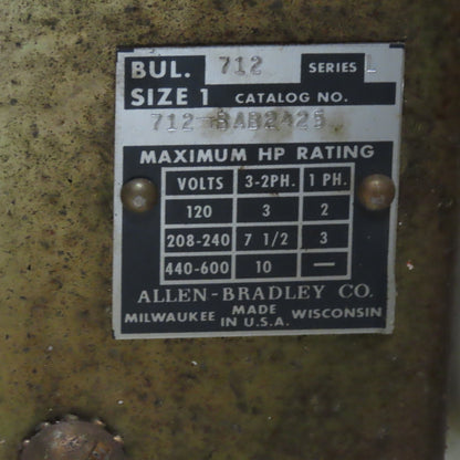 Allen Bradley 712-BAB2425 600V 3Ph 10Hp MAX Combination Starter Disconnect