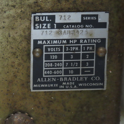 Allen Bradley 712-BAB2425 600V 3Ph 10Hp MAX Combination Starter Disconnect