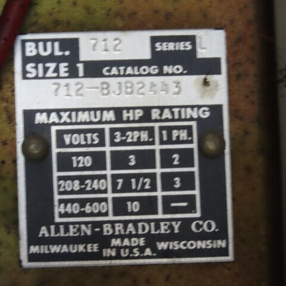 Allen Bradley 712-BJB2443 600V 3Ph 10Hp MAX Combination Starter Disconnect
