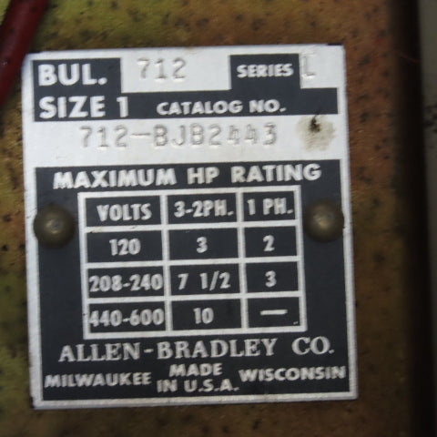 Allen Bradley 712-BJB2443 600V 3Ph 10Hp MAX Combination Starter Disconnect