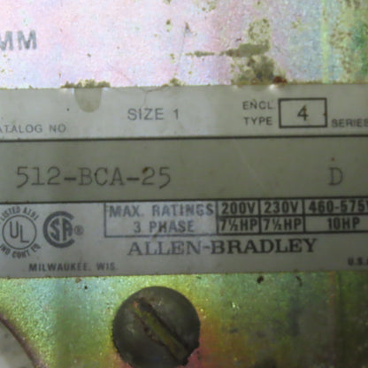 Allen Bradley 512-BCA-25 600V 3Ph Stainless Steel Combination Starter Disconnect