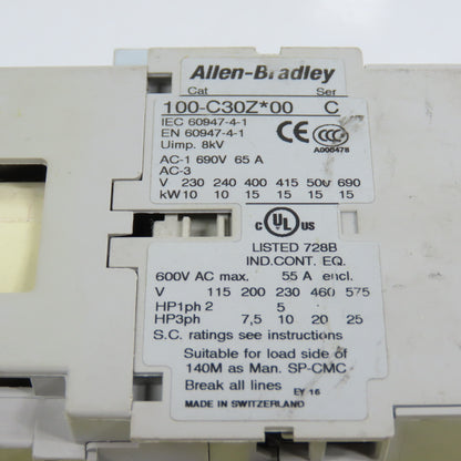 Allen Bradley 100-C30Z*00 Ser C C30 600VAC Contactor 24VDC Coil 2-25HP