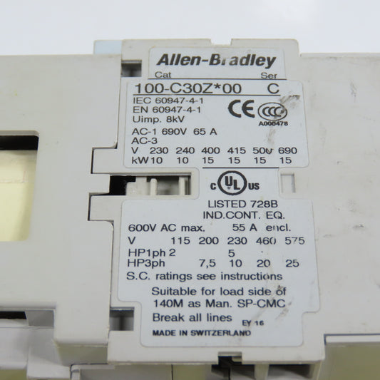 Allen Bradley 100-C30Z*00 Ser C C30 600VAC Contactor 24VDC Coil 2-25HP