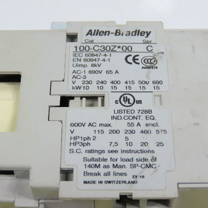 Allen Bradley 100-C30Z*00 Ser C C30 600VAC Contactor 24VDC Coil 2-25HP
