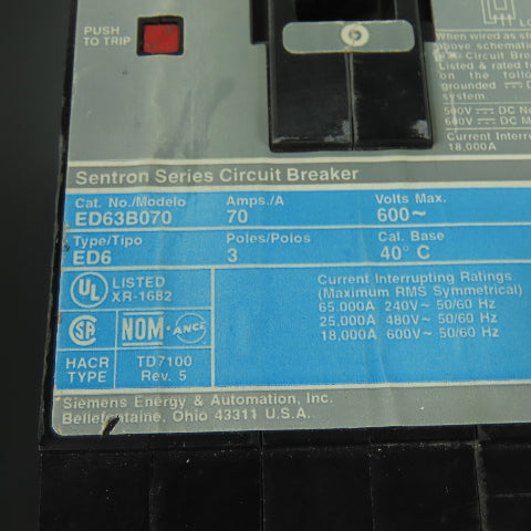 Siemens E2N1S Circuit Breaker Enclosure W/ED63B070 3-Pole 70A 600V Breaker