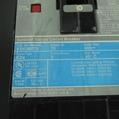 Siemens E2N1S Circuit Breaker Enclosure W/ED63B070 3-Pole 70A 600V Breaker