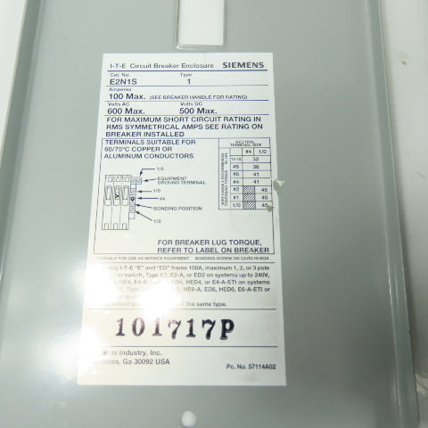 Siemens E2N1S Circuit Breaker Enclosure W/ED63B070 3-Pole 70A 600V Breaker