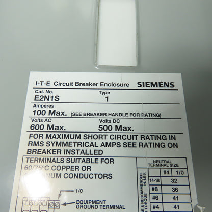 Siemens E2N1S Circuit Breaker Enclosure W/ED63B070 3-Pole 70A 600V Breaker