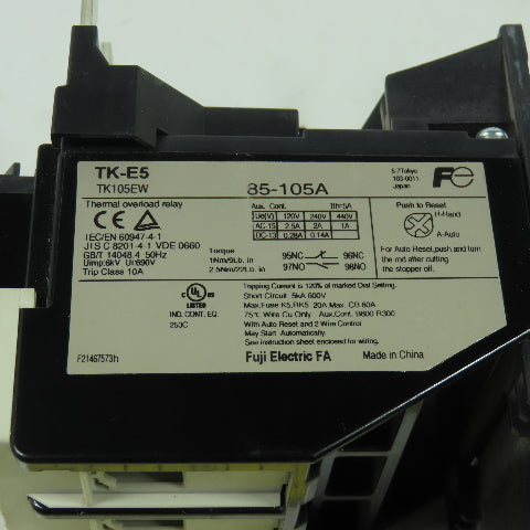 Fuji TK-E5 85-105A 120/440VAC Thermal Overload Relay 10A Trip 85-105A