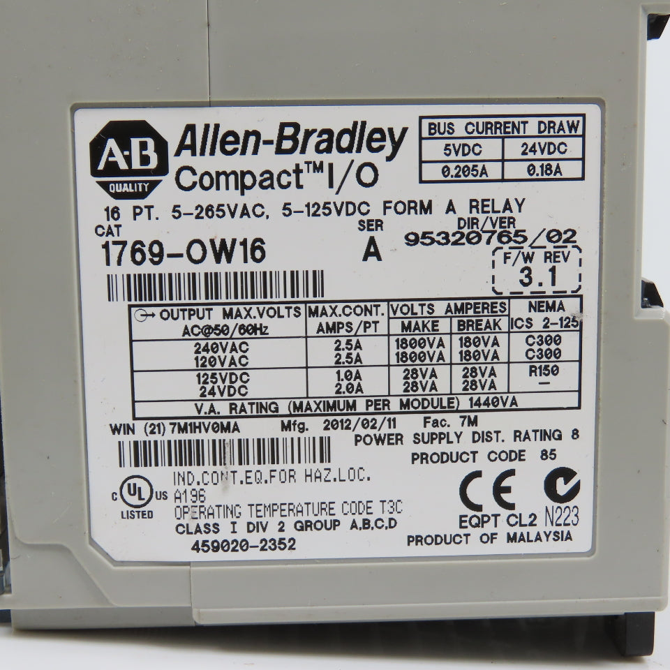 Allen Bradley 1769-OW16 Ser A F/W Rev 3.1 Compact I/O 16 PT. Relay (Bad Output)