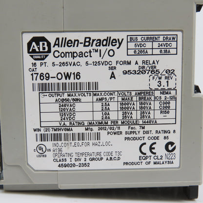 Allen Bradley 1769-OW16 Ser A F/W Rev 3.1 Compact I/O 16 PT. Relay (Bad Output)