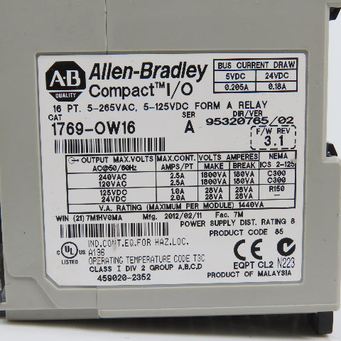 Allen Bradley 1769-OW16 Ser A F/W Rev 3.1 Compact I/O 16 PT. Relay (Bad Output)