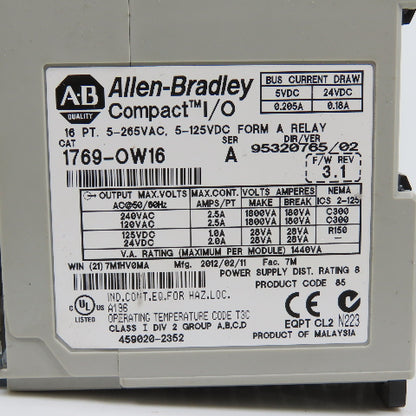 Allen Bradley 1769-OW16 Ser A F/W Rev 3.1 Compact I/O 16 PT. Relay (Bad Output)